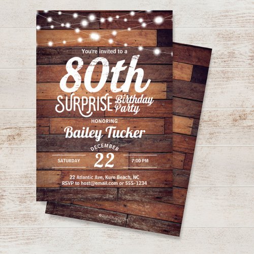 Rustic 80th Birthday Surprise Party Invitation