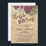Rustic 80th Birthday Vintage Cheers to 80 Years Invitation<br><div class="desc">This uniquely designed 80th Birthday Cheers to 80 Years Vintage Rustic Wine Country Themed invitation features an original rustic vineyard watercolor painting not available on other stock or graphics sites. The parchment, cork-styled background gives it the perfect vintage wine country look and feel... perfect for your special celebration! All text...</div>