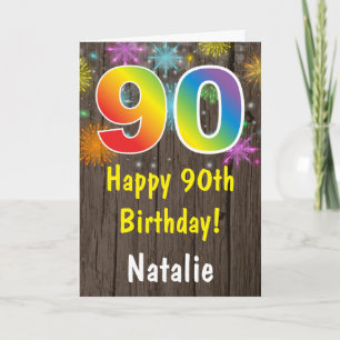 Rustic 90th Birthday Colorful Rainbow Fireworks Card