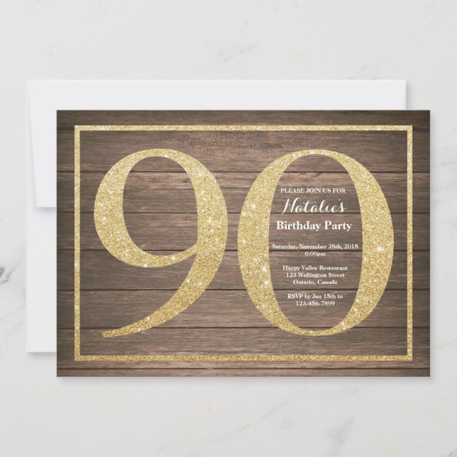 Rustic 90th Birthday Invitation Gold Glitter (Front)
