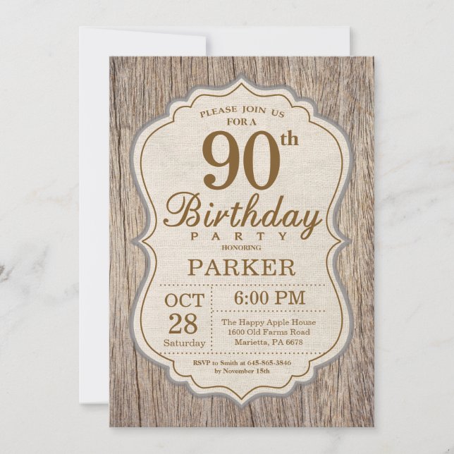 Rustic 90th Birthday Invitation Wood (Front)