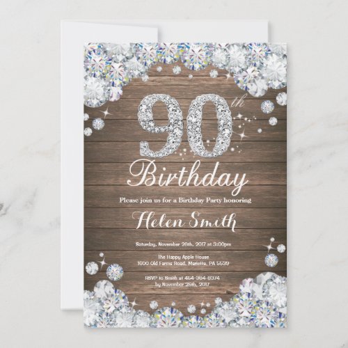 Rustic 90th Birthday Silver Diamond Invitation