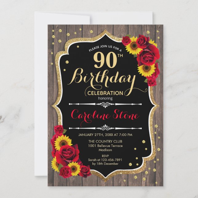 Rustic 90th Birthday - Sunflowers Roses Wood Invitation (Front)