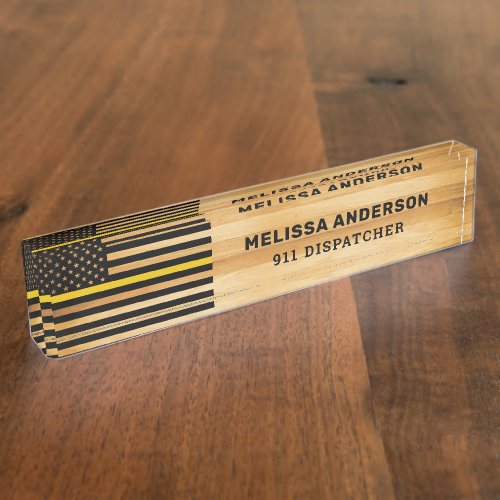 Rustic 911 Dispatcher Thin Gold Line Flag Wood Des Desk Name Plate