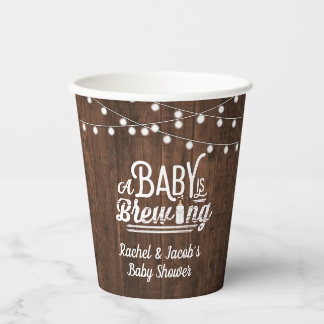 Rustic A Baby is Brewing Baby Shower Favor Label Paper Cups (Front)