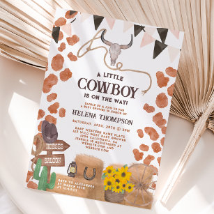 Rustic a little cowboy western cow baby shower invitation