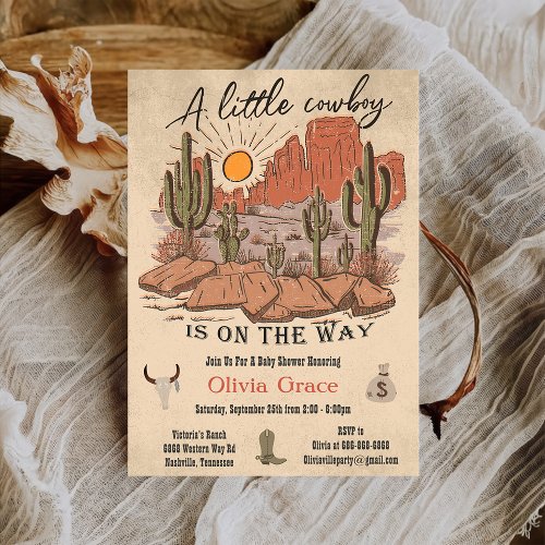 Rustic A Little Cowboy Western Cow Baby Shower Invitation