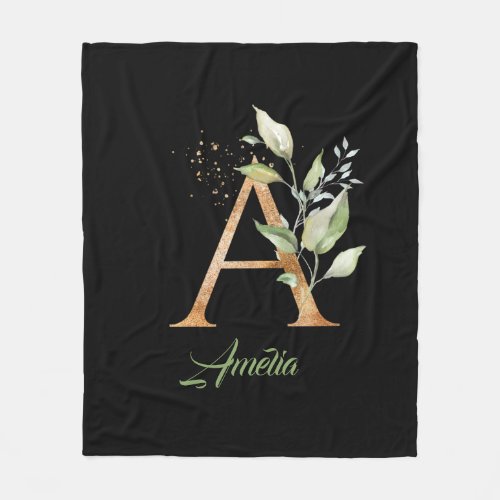 Rustic A monogram greenery eucalyptus gold black  Fleece Blanket