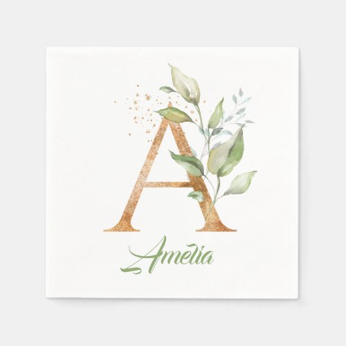 Rustic A monogram greenery foliage eucalyptus gold Napkins