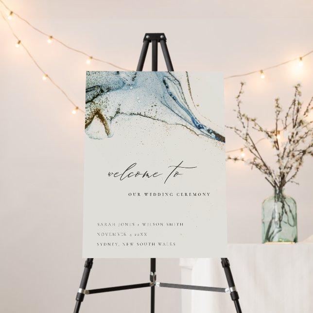 Rustic Abstract Blue Gold Beachy Wedding Welcome Foam Board (In Situ (Stand))
