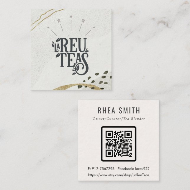 Rustic Abstract Ivory Gold Black Grey Logo QR Code Square Business Card (Front/Back)