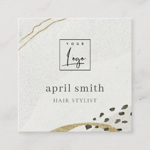 Rustic Abstract Ivory Gold Black Grey QR Code Logo Square Business Card
