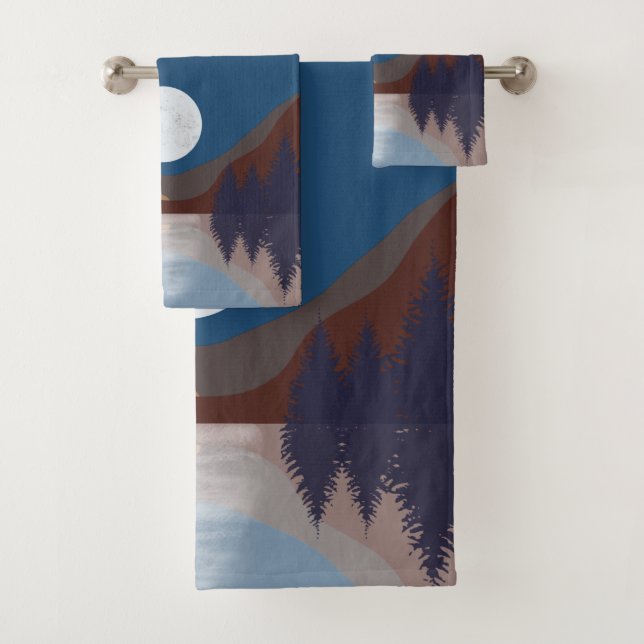 Rustic Abstract Landscape Forest Moon Reflection Bath Towel Set (Insitu)