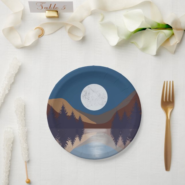 Rustic Abstract Landscape Forest Moon Reflection Paper Plates (Wedding)