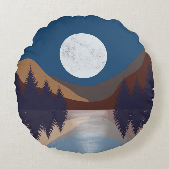 Rustic Abstract Landscape Forest Moon Reflection Round Pillow (Front)