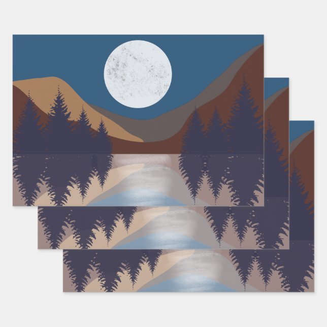 Rustic Abstract Landscape Forest Moon Reflection  Wrapping Paper Sheets (Set)