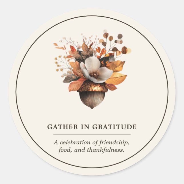 Rustic Acorn Floral Ivory Classic Round Sticker (Front)