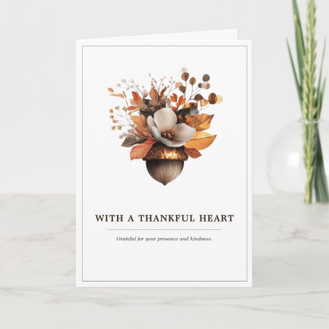 Rustic Acorn Floral White Thank You Card (Front)