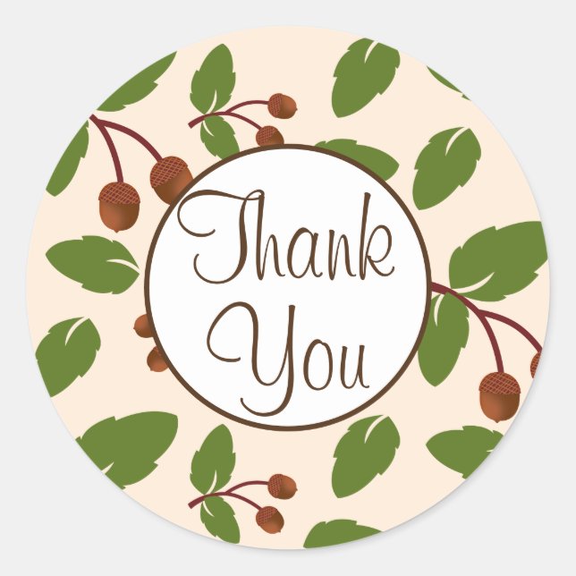 Rustic Acorns & Oak Leaves Thank You Classic Round Sticker (Front)