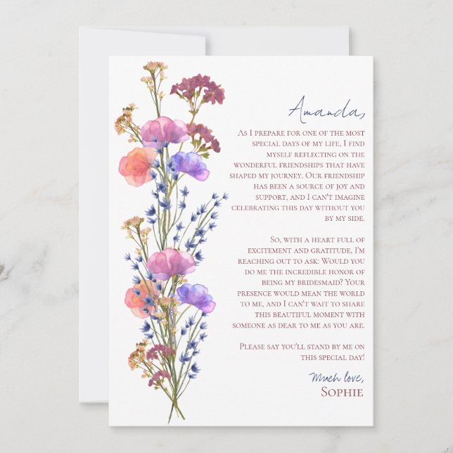 Rustic Acrylic Floral Will You Be My Bridesmaid Holiday Card (Front)