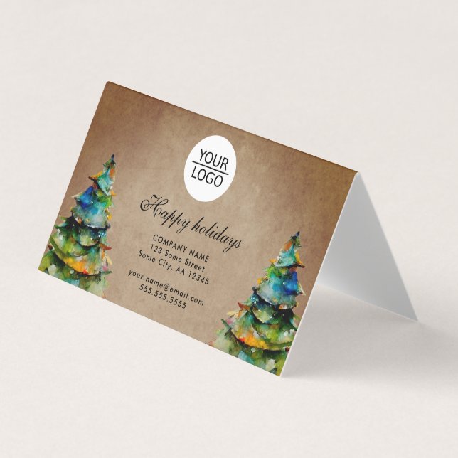 Rustic Add Logo Custom Text Christmas Tree Holiday Business Card (Front)