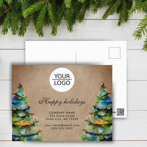 Rustic Add Logo Custom Text Christmas Tree Holiday Postcard