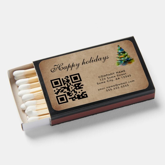 Rustic Add Logo QR Code Text Christmas Tree Matchboxes (Front Open)