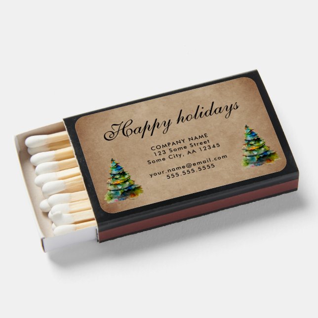 Rustic Add Logo Text Christmas Tree Company Matchboxes (Front Open)
