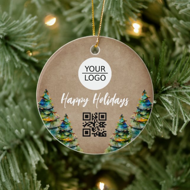 Rustic Add your Logo QR Code Custom Text Promotion Ceramic Ornament (Tree)
