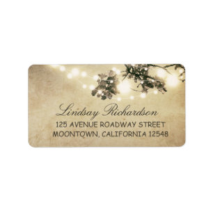 rustic address label with string lights