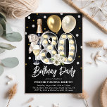 Rustic Adult 80th Birthday Party Invitation<br><div class="desc">Celebrate in style with this rustic adult 80th birthday party invitation. Design features a chalkboard blackground,  lightbulb number eighty,  gold balloons,  champagne,  florals and confetti. The editable template is easy to customize using the template provided.</div>