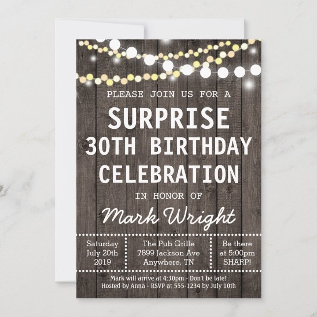Rustic Adult Surprise Birthday Party Invitation (Front)