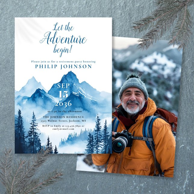 Rustic Adventure Begin Mountain Retirement Party Invitation (Rustic Adventure Begin Mountain Retirement Party Invitation)
