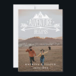Rustic Adventure Begins Save The Date Photo Announcement<br><div class="desc">Rustic mountain "The Adventure Begins",  wedding save the date photo card. Card features single full front photo with white mountain and arrows overlay and two lines for names and date. Backing color,  shown in emerald green,  can be customized.</div>