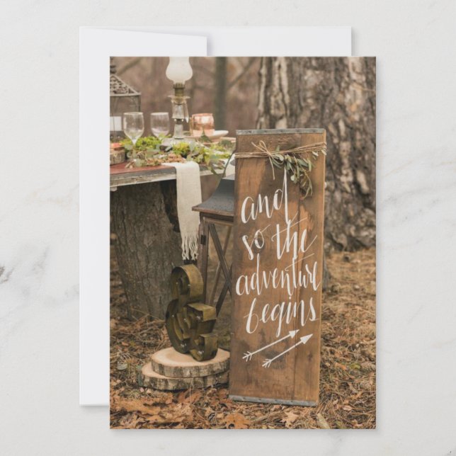 Rustic adventure begins sign on wedding invitation (Front)