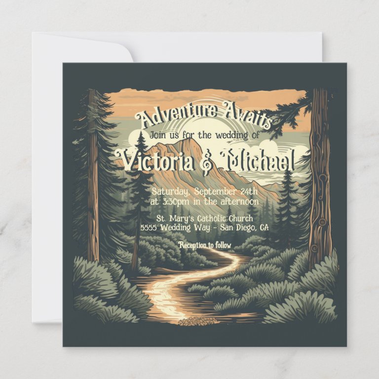 Rustic Adventure Mountain Forest Wedding Invitation
