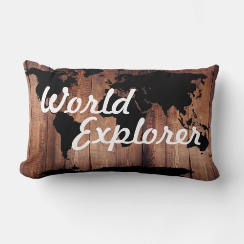 Rustic Adventure World Explorer World Map Dark Lumbar Pillow