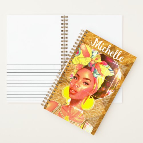 Rustic african  woman with messy afro hair bun notebook
