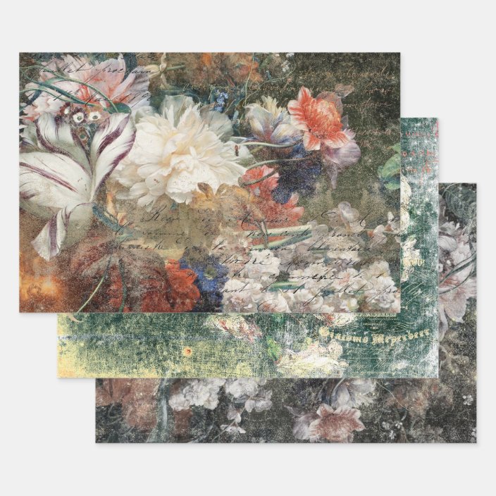 RUSTIC AGED ANTIQUE FLORALS DECOUPAGE WRAPPING PAPER SHEETS | Zazzle