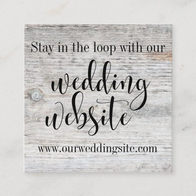 Rustic Aged Gray Wood & Script Wedding Website Enclosure Card (Front)