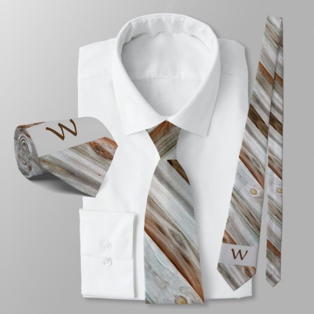 Rustic Aged Wood Brown and Gray Monogrammed Neck Tie (Creator Uploaded)