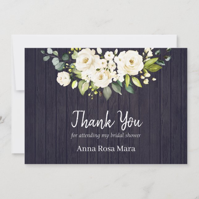 *~* Rustic Aged Wood White Rose Bridal Shower Thank You Card (Front)