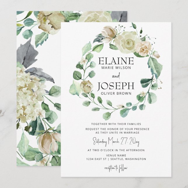 Rustic Airy Botanical Neutral Floral Wedding Invitation (Front/Back)