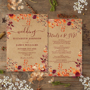 Rustic All In One Autumn Fall Floral Wedding Invitation