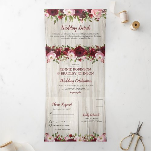 Rustic All in One Burgundy Floral Wedding Tri_Fold Invitation