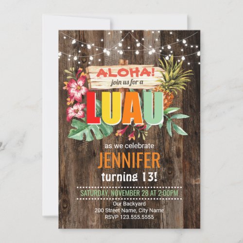 Rustic Aloha Luau birthday party Invitation
