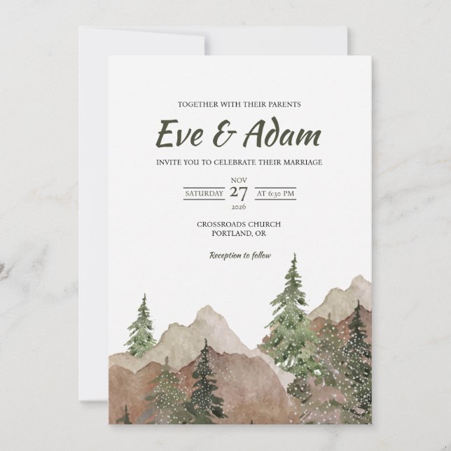 Rustic Alpine Mountain Watercolor Winter Wedding Invitation (Front)