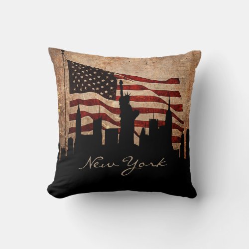 Rustic America Flag New York Skyline  Landmark Throw Pillow