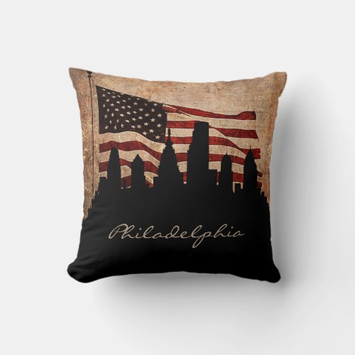 Rustic America Flag Philadelphia Skyline  Landmark Throw Pillow