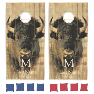 Rustic American Bison Illustration on Faded Wood G Cornhole Set